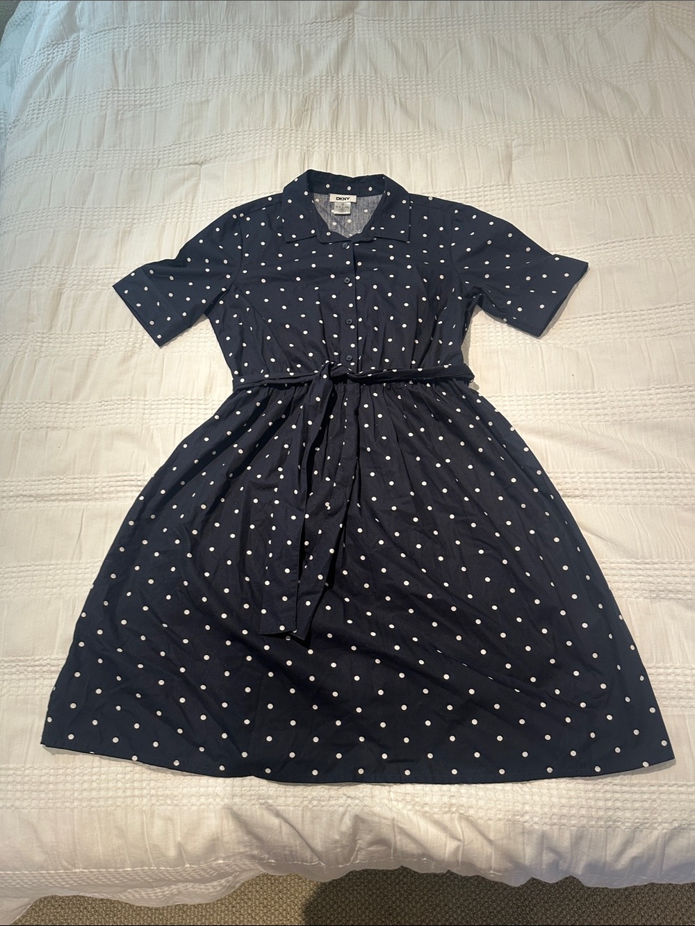 DKNY Navy Polka Dot Shirt Dress with Tie Waist - Picture 4 of 5